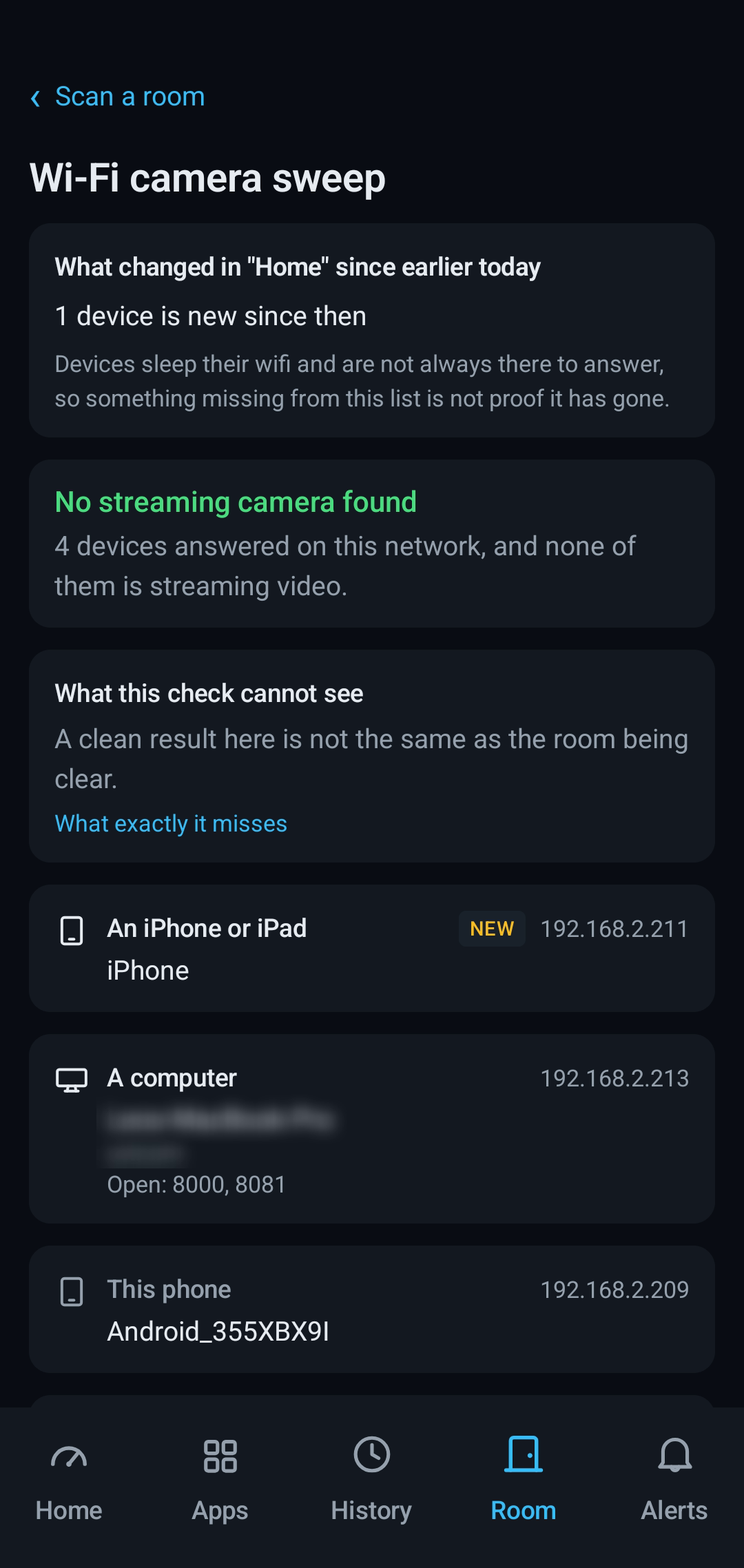 A repeat Wi-Fi sweep of a saved place called Home. A panel reads What changed in Home since earlier today, 1 device is new since then. Below, no streaming camera found, and the device list with a NEW badge on the row that arrived. One personal device name is blurred.