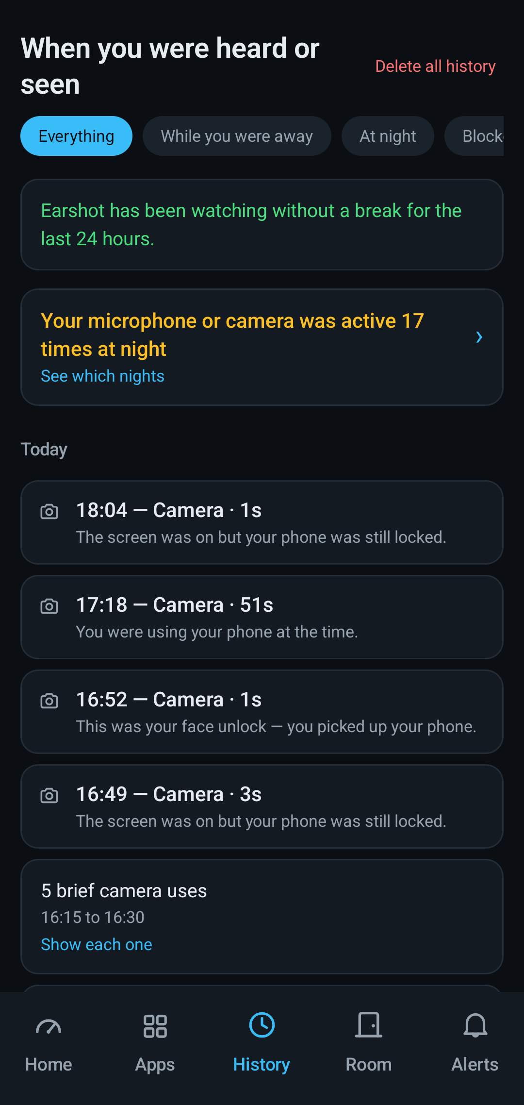 The history screen, headed When you were heard or seen, listing camera uses by time with a note under each saying whether the screen was on, the phone locked, or whether it was a face unlock.