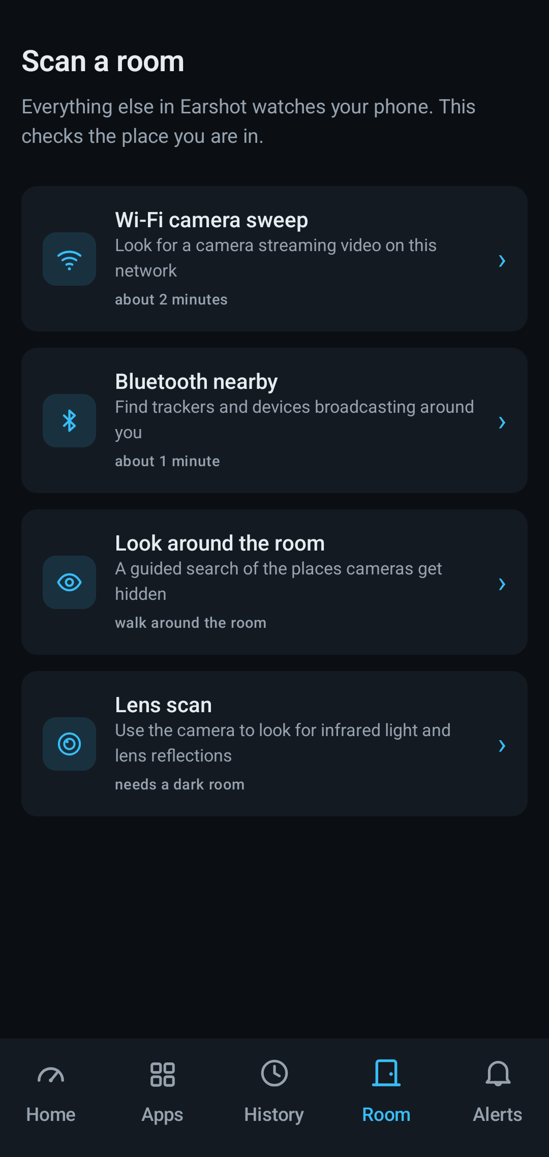 The Scan a room screen listing the four checks: Wi-Fi camera sweep, Bluetooth nearby, look around the room, and lens scan, each with how long it takes.