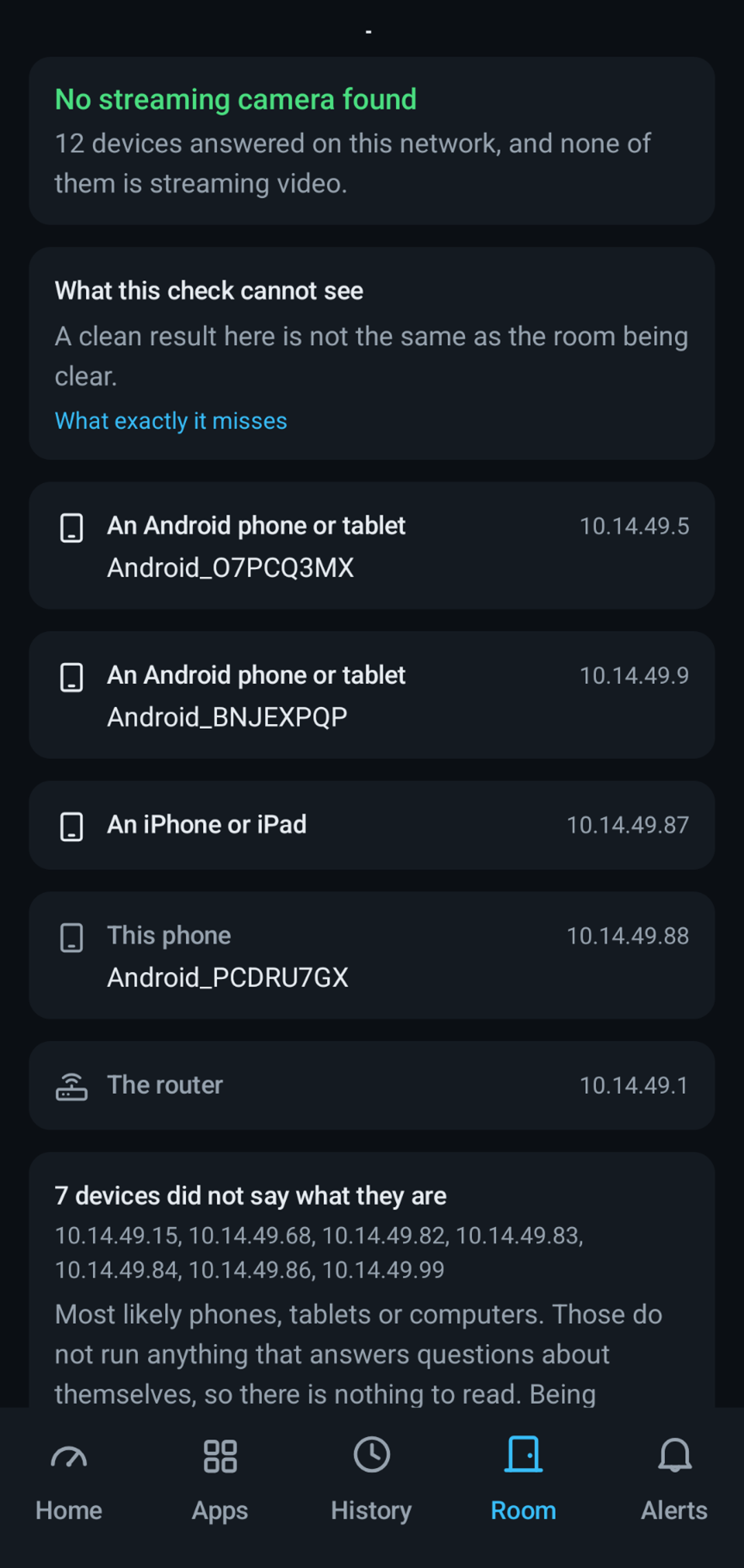 A finished Wi-Fi sweep. The heading reads no streaming camera found, twelve devices answered on this network, followed by a list naming two Android phones, an iPhone or iPad, this phone and the router, then a panel saying seven devices did not say what they are.